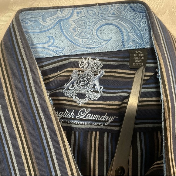 English Laundry Shirt Mens 16 32/33 Blue Striped Spread Cutaway Collar FlipCuff - Picture 6 of 12